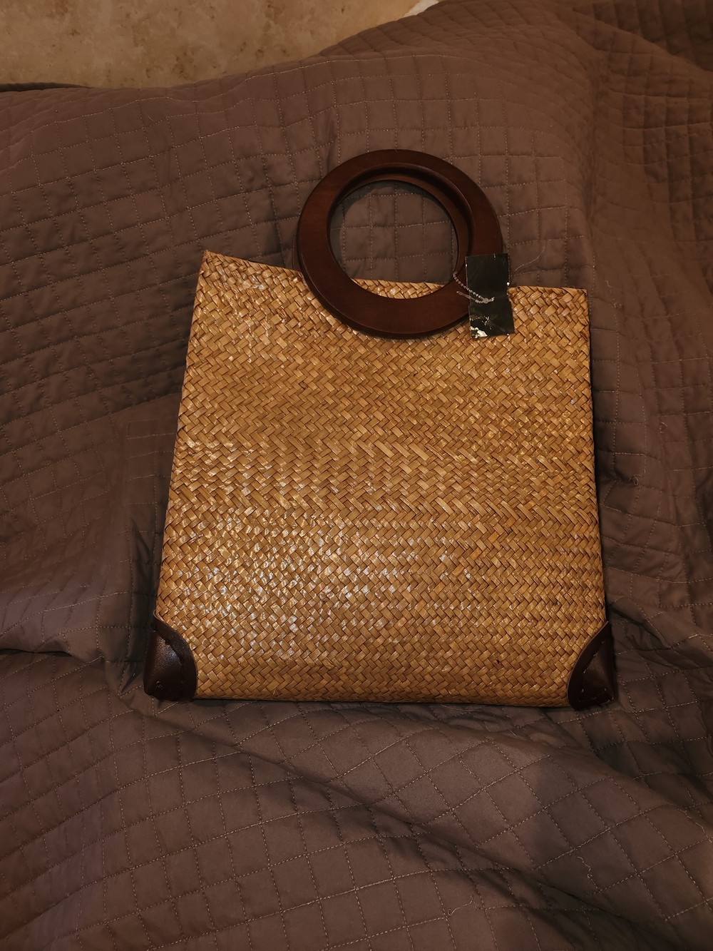 Woven Straw Tote with Dark Brown Wood Handles